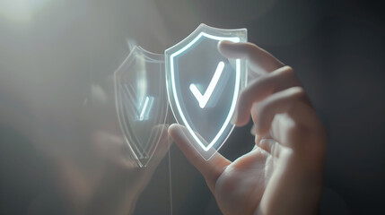 Cyber security and data protection concept. Male hand holding shield icon.