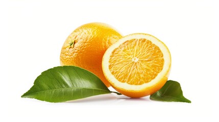 Orange with cut in half and green leaves isolated on white background.