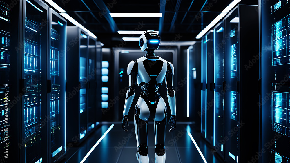 Poster a futuristic data center managed by ai robots. the robots, sleek and humanoid in design, move autono