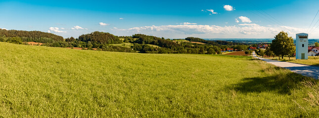 Obraz premium High resolution stitched summer panorama near Windberg, Straubing-Bogen, Bavarian Forest, Bavaria, Germany
