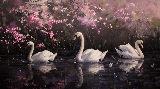 Swans Strolling in Spring