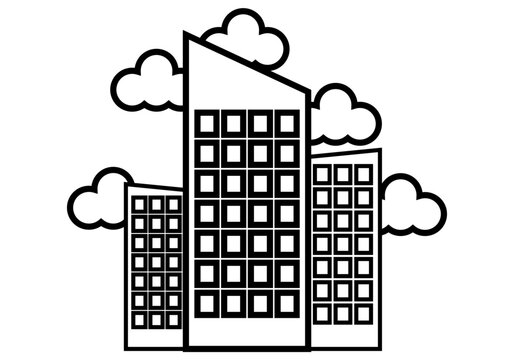 Icono negro de rascacielos de edificios entre nubes.