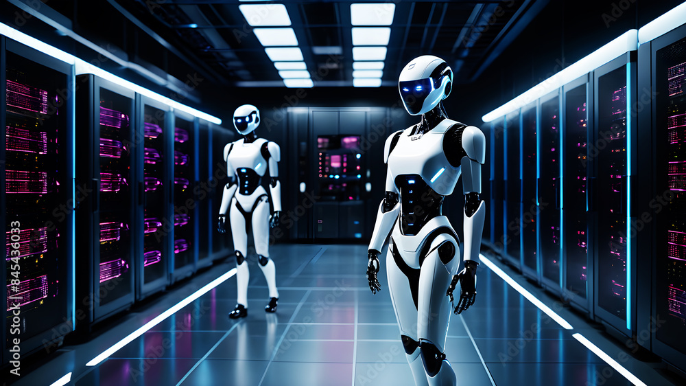 Poster a futuristic data center managed by ai robots. the robots, sleek and humanoid in design, move autono