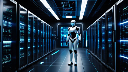 A futuristic data center managed by AI robots. The robots, sleek and humanoid in design, move autonomously between servers, performing maintenance tasks. Holographic interfaces are projected in mid-ai