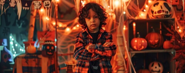 Child feeling confident in a haunted house, spooky decorations, bold stance