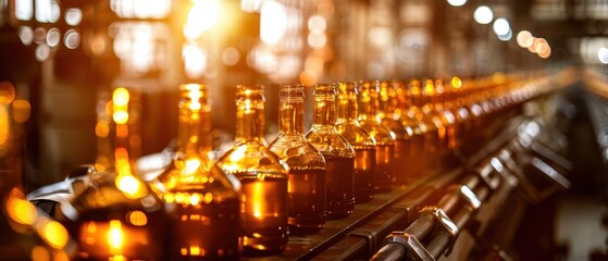 The amber glass bottles move along the production line.