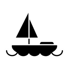 Sailboat set icon. Tan boat, red and green sails, blue waves, maritime, sailing, nautical, travel, adventure, recreation, water sport.