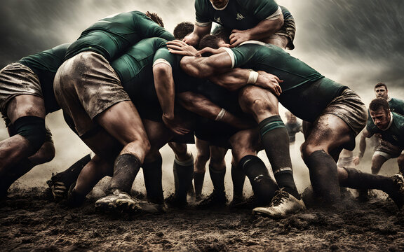 Low angle view of a rugby player’s cleats in a scrum, intense match, muddy field