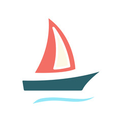 Sailboat set icon. Tan boat, red and green sails, blue waves, maritime, sailing, nautical, travel, adventure, recreation, water sport.