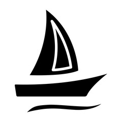 Sailboat set icon. Tan boat, red and green sails, blue waves, maritime, sailing, nautical, travel, adventure, recreation, water sport.