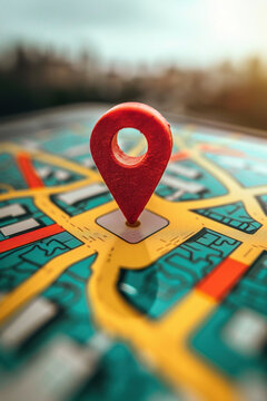 Navigation pin on a colorful roadmap. Generative AI image