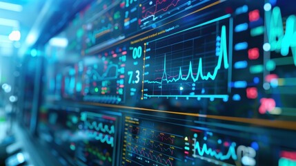 The image shows a control room with multiple computer screens displaying various graphs and data.