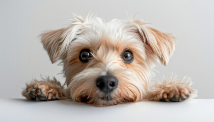 Adorable Close Up of a Fluffy Toy Terrier Puppy with Big Brown Eyes Looking Over a White Surface with a Soft Focus Background