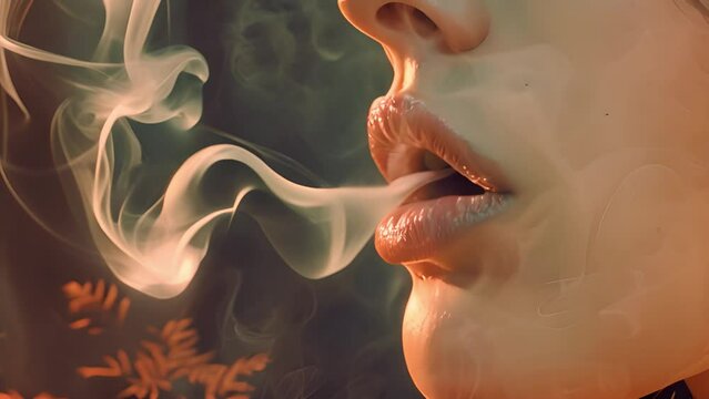 Close-up of beautiful young woman smoking hookah or cigarette in dark studio, view side of female blowing out puffs of smoke from the mouth on black background Animation