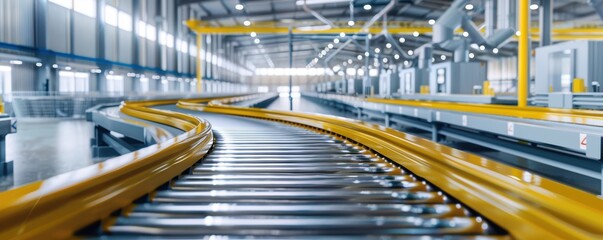 The image shows a long, empty factory with a yellow metal track running through it.