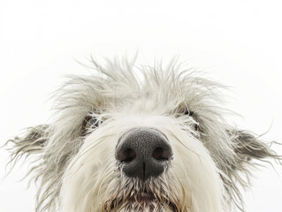 Adorable Fluffy Dog with Shaggy White Fur and Black Nose Close Up on White Background Perfect Pet Portrait for Animal Lovers, Home Decor, or Greeting Cards