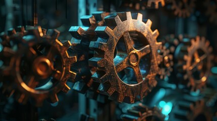 Close-up of intricate metal gears in motion, showcasing mechanical engineering and industrial design concepts in a factory setting.