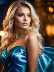 a blonde blue dress woman