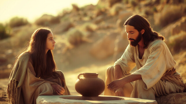 Conversation between Jesus Christ and the Samaritan woman at the well. Photo of the gospel event, biblical times. For Christian publications
