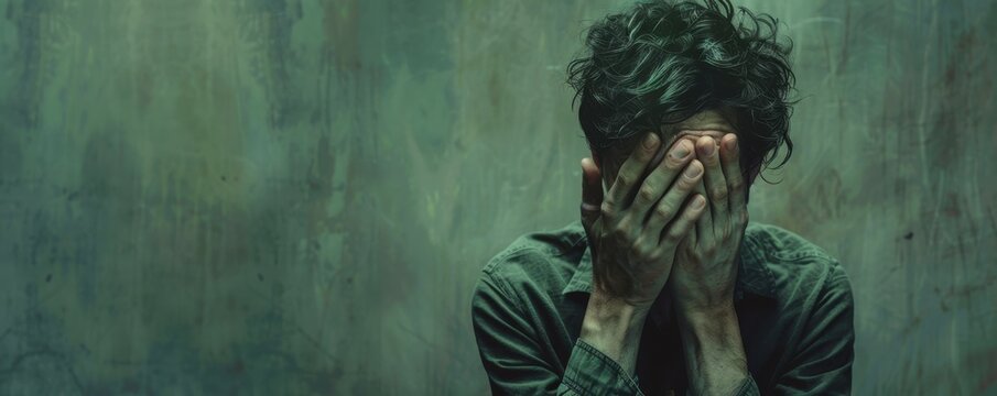 The image shows a man in despair, with his hands covering his face. The background is dark and grungy, suggesting that the man is in a state of hopelessness.