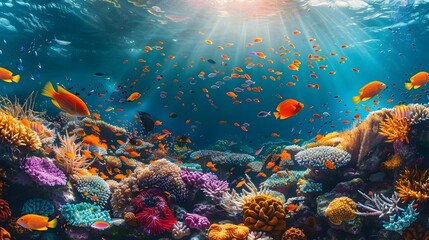 Fototapeta premium Vibrant Coral Reef Teeming with Colorful Marine Life in the Tropical Ocean