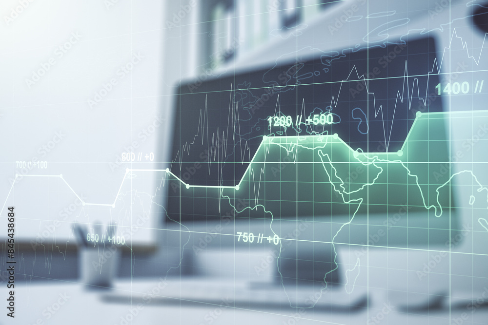 Fototapete double exposure of abstract creative statistics data hologram and modern desk with computer on backg
