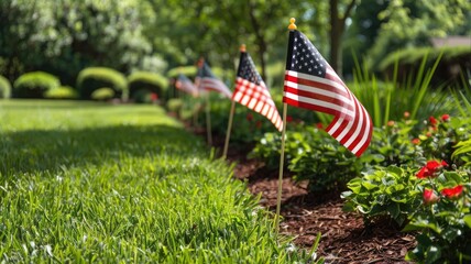 Small American flags in garden setting on sunny day
