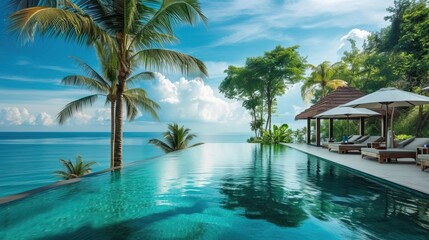Fototapeta premium A luxurious infinity pool overlooking a tropical ocean with palm trees and lounge chairs under umbrellas on a sunny day.