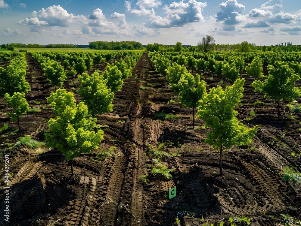 Aufkleber aerial perspective of a large scale reforestation project with newly planted trees in orderly rows s