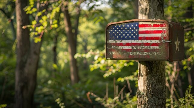 Rustic mailbox with American flag design in lush forest