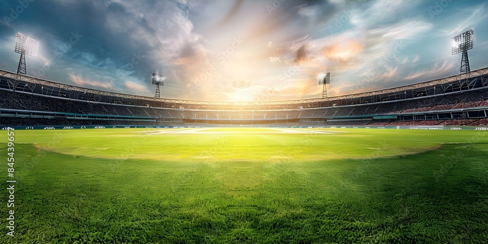 Wall mural Highdefinition panoramic photo of cricket stadium in daylight and under stadium lights. Concept Cricket Stadium, Panoramic View, Daylight, Stadium Lights, High-definition Photo