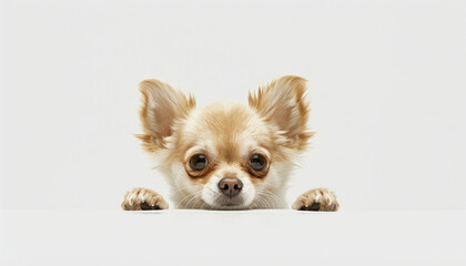 Cute Chihuahua Puppy Posing Adorably Against White Background Starring Curious Expression and Big Eyes Displaying Charm and Innocence in a Studio Setting Ideal for Pet Lovers and Animal Photography