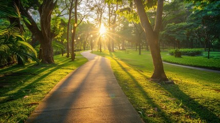 Obraz premium The photo shows a park with a tree-lined path. The sun is shining through the trees. The path is made of concrete and is surrounded by trees and grass.