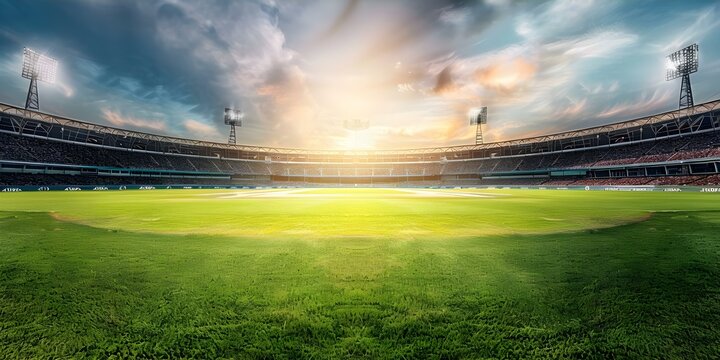 Highdefinition panoramic photo of cricket stadium in daylight and under stadium lights. Concept Cricket Stadium, Panoramic View, Daylight, Stadium Lights, High-definition Photo