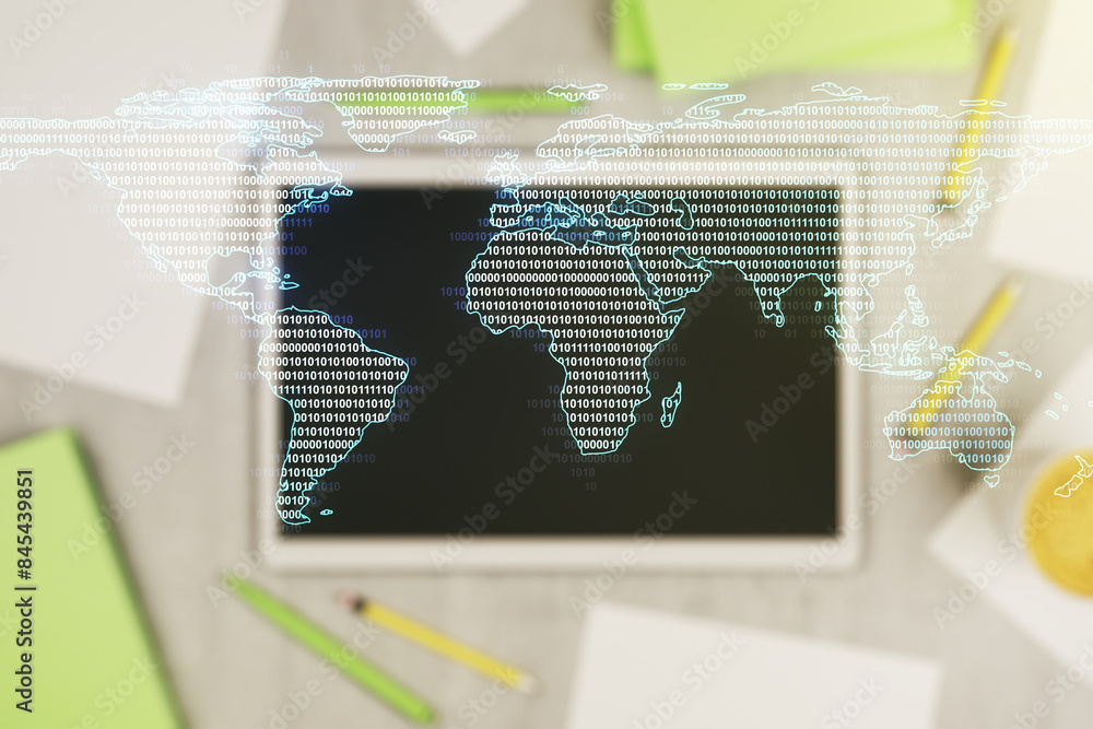 Aufkleber multi exposure of abstract creative digital world map and modern digital tablet on background, top v