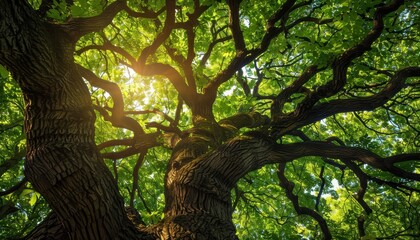 The photo shows green canopy of the old oak tree with sun shining through the branches