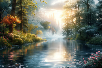 Obraz premium Watercolor Last Journey into Death: Reflective Path into Gentle Light