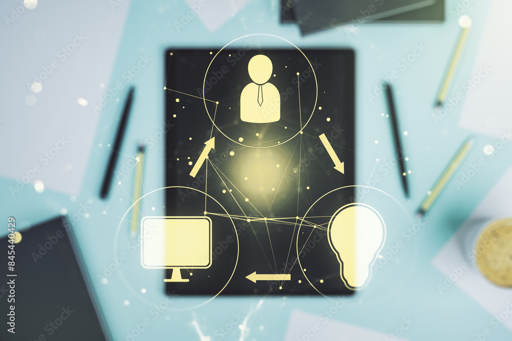 Poster double exposure of social network icons concept and digital tablet on background, top view. marketin