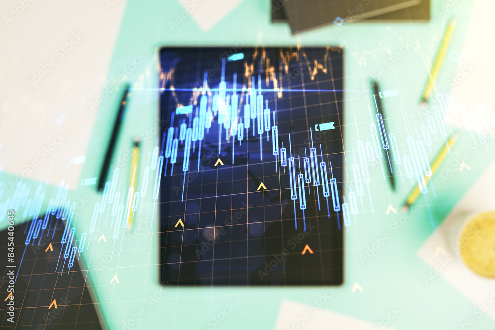 Poster multi exposure of abstract creative financial chart with world map and digital tablet on background,