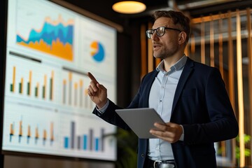 Confident speaker leading a dynamic business session, vibrant presentation slides, modern conference room, professional attire