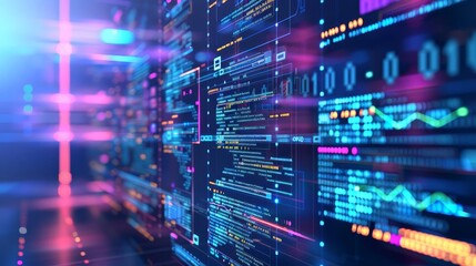 Fototapeta premium Digital platforms offering comprehensive control room interfaces, side view, showcasing platform features, digital binary as object, Triadic Color Scheme
