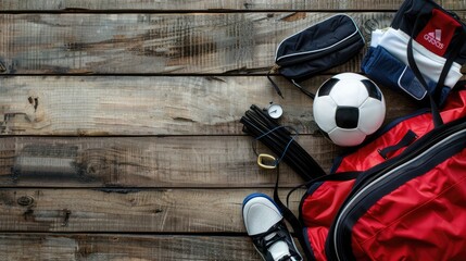 a soccer player's gear with an open sports bag featuring a soccer ball, white socks, and a blue water bottle on a light grey wooden floor background.