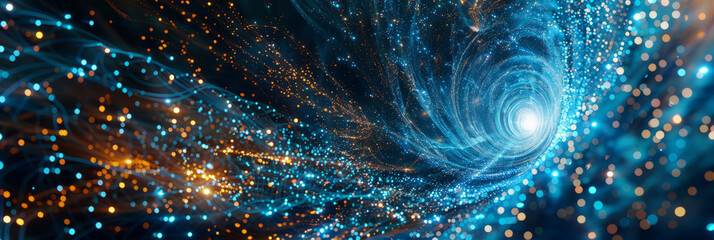 Conceptual cluster, a swirling vortex of data streams merging into a central core of interconnected nodes.