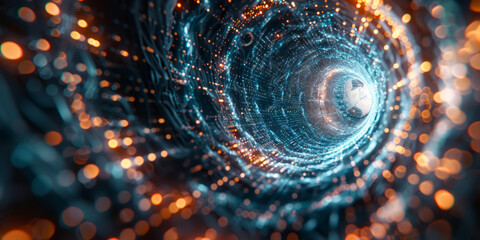 Conceptual cluster, a swirling vortex of data streams merging into a central core of interconnected nodes.