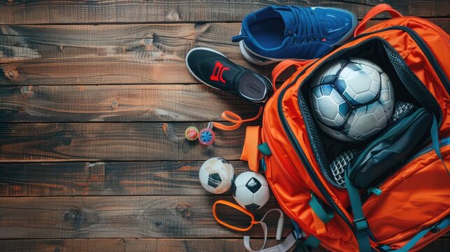 a soccer player's gear with an open sports bag featuring a soccer ball, white socks, and a blue water bottle on a light grey wooden floor background.