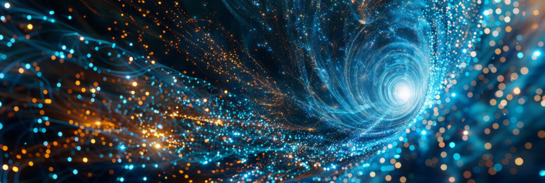 Conceptual cluster, a swirling vortex of data streams merging into a central core of interconnected nodes. - Powered by Adobe