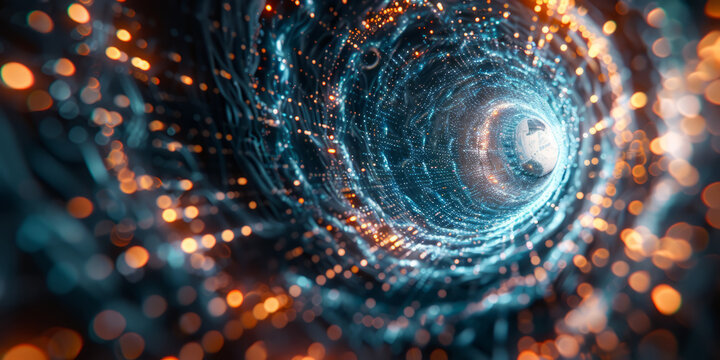 Conceptual cluster, a swirling vortex of data streams merging into a central core of interconnected nodes.