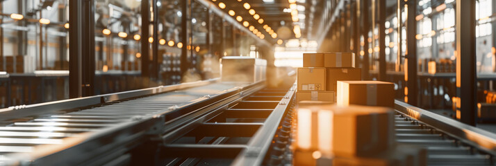 Fototapeta premium A packaging line with high-tech machines rapidly boxing and labeling consumer products, lit by harsh industrial lighting