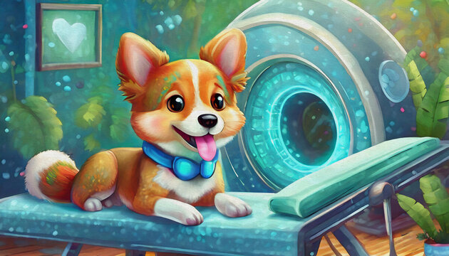 oil painting style cartoon character cute dog receiving an RMI scan at a pet hospital, 