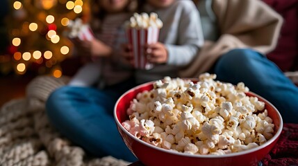 Family enjoying a movie night, popcorn and blankets, cozy evening